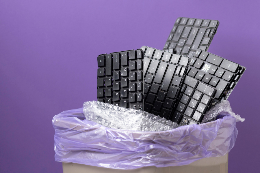 4 keyboards tossed in a bin for e waste recycling