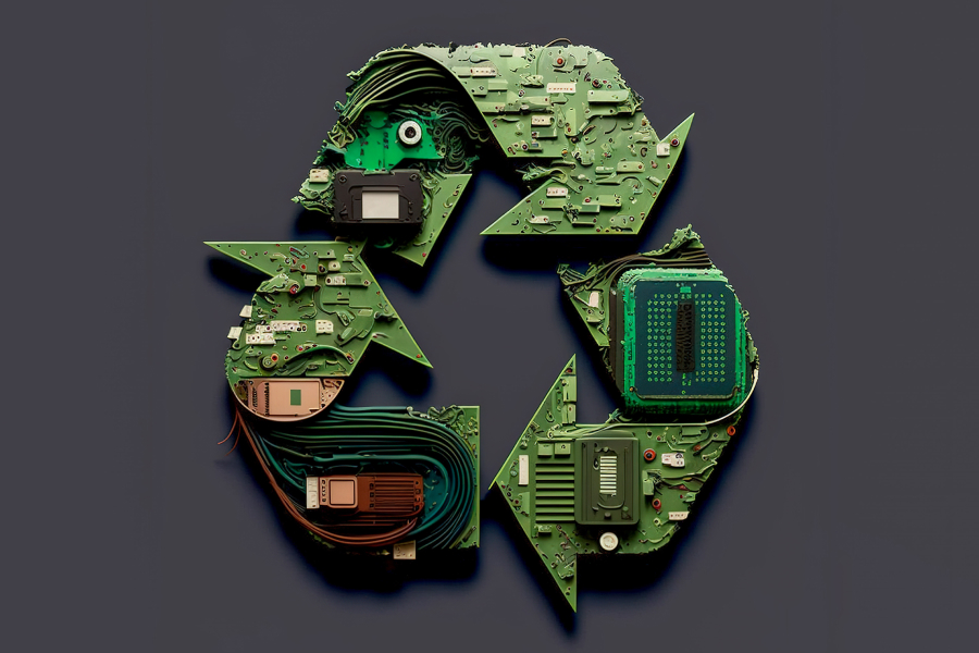 Recycling sign with e-waste in its pictures